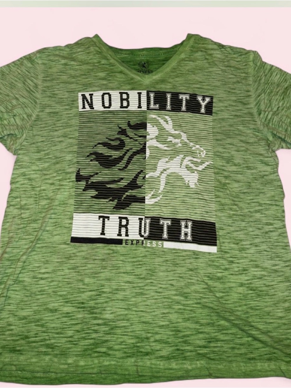 Express Green Graphic V-Neck Tee with Black & White Print